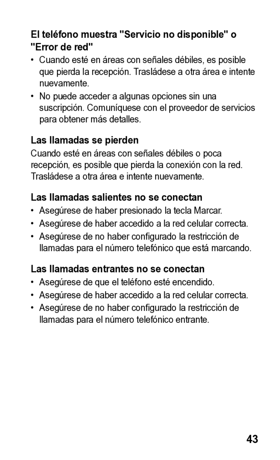 Samsung E2121L manual El teléfono muestra Servicio no disponible o Error de red, Las llamadas se pierden 