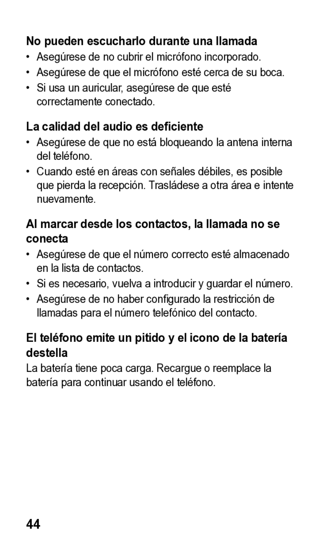 Samsung E2121L manual No pueden escucharlo durante una llamada, La calidad del audio es deficiente 