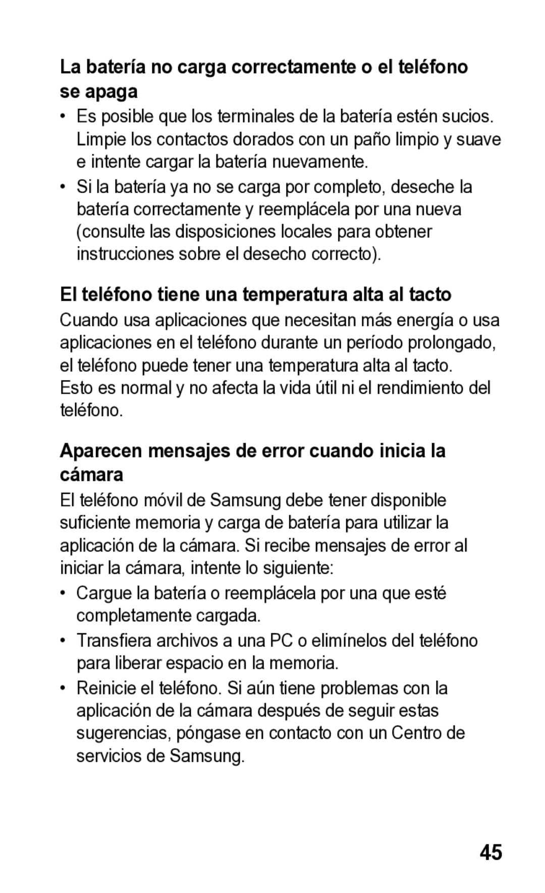 Samsung E2121L La batería no carga correctamente o el teléfono se apaga, El teléfono tiene una temperatura alta al tacto 