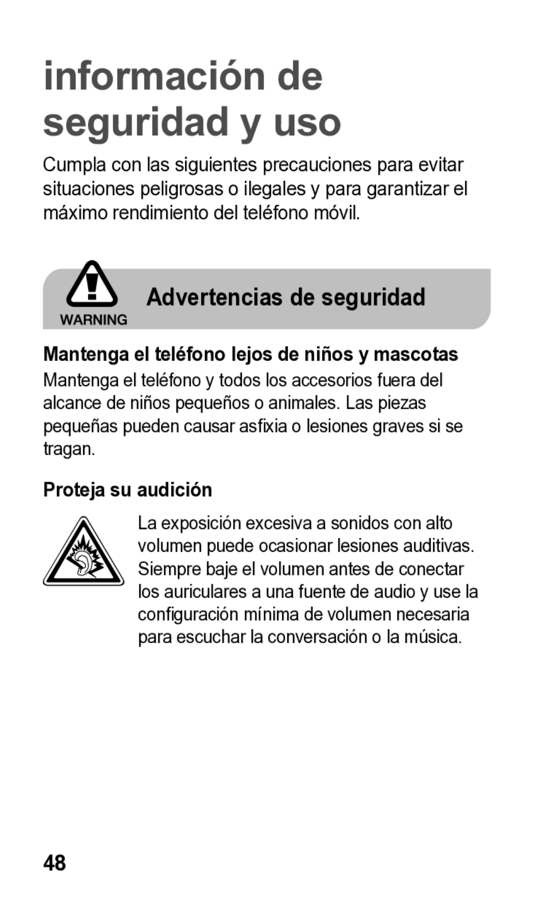 Samsung E2121L manual Advertencias de seguridad, Mantenga el teléfono lejos de niños y mascotas, Proteja su audición 