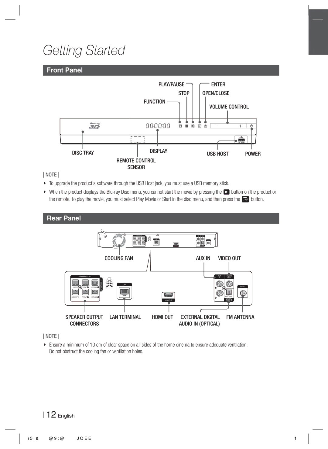 Samsung E3500, HT-E3550, HT-E3530 user manual Front Panel, Rear Panel 