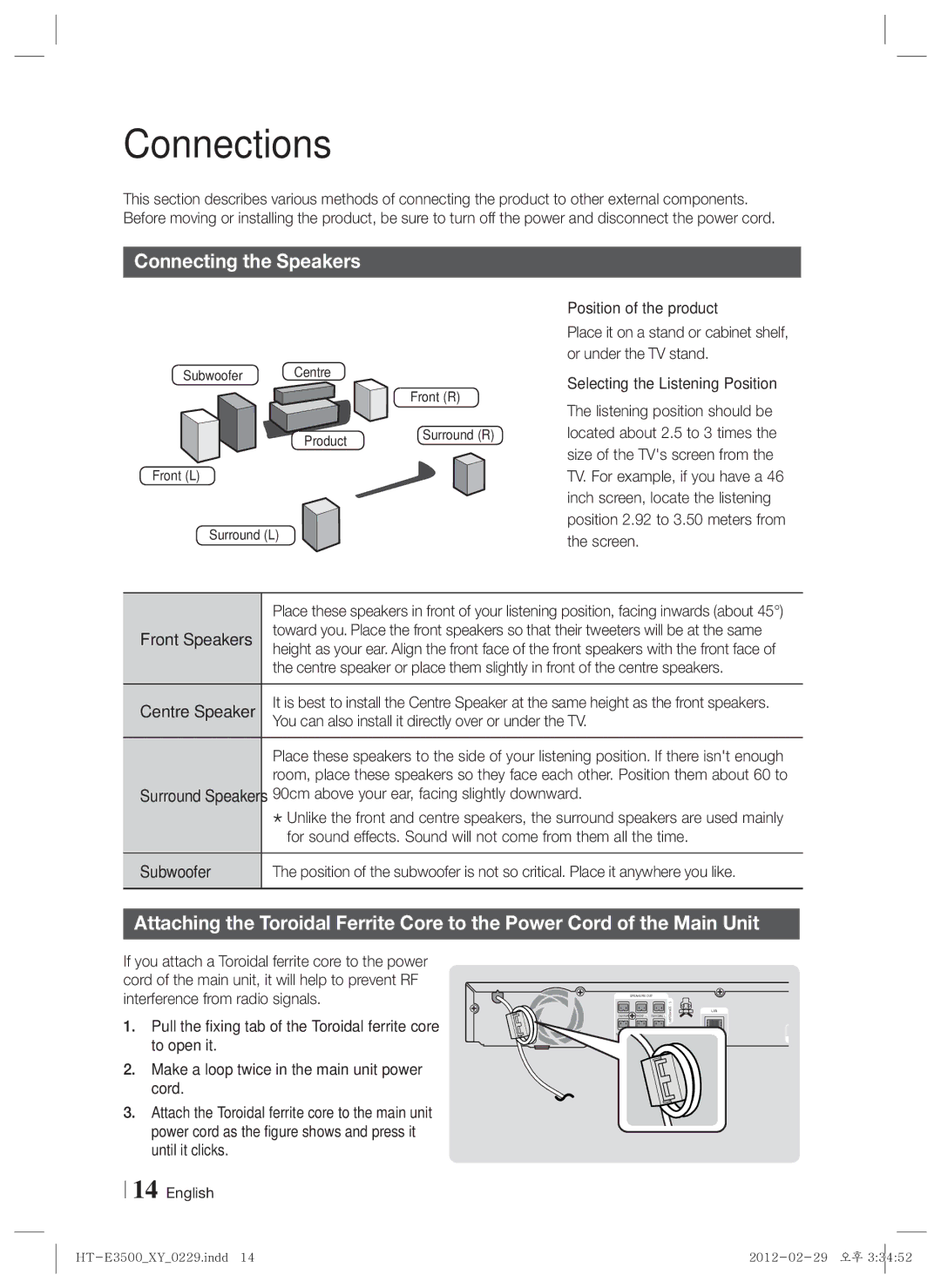 Samsung HT-E3530, E3500 Connections, Connecting the Speakers, Position of the product, Selecting the Listening Position 