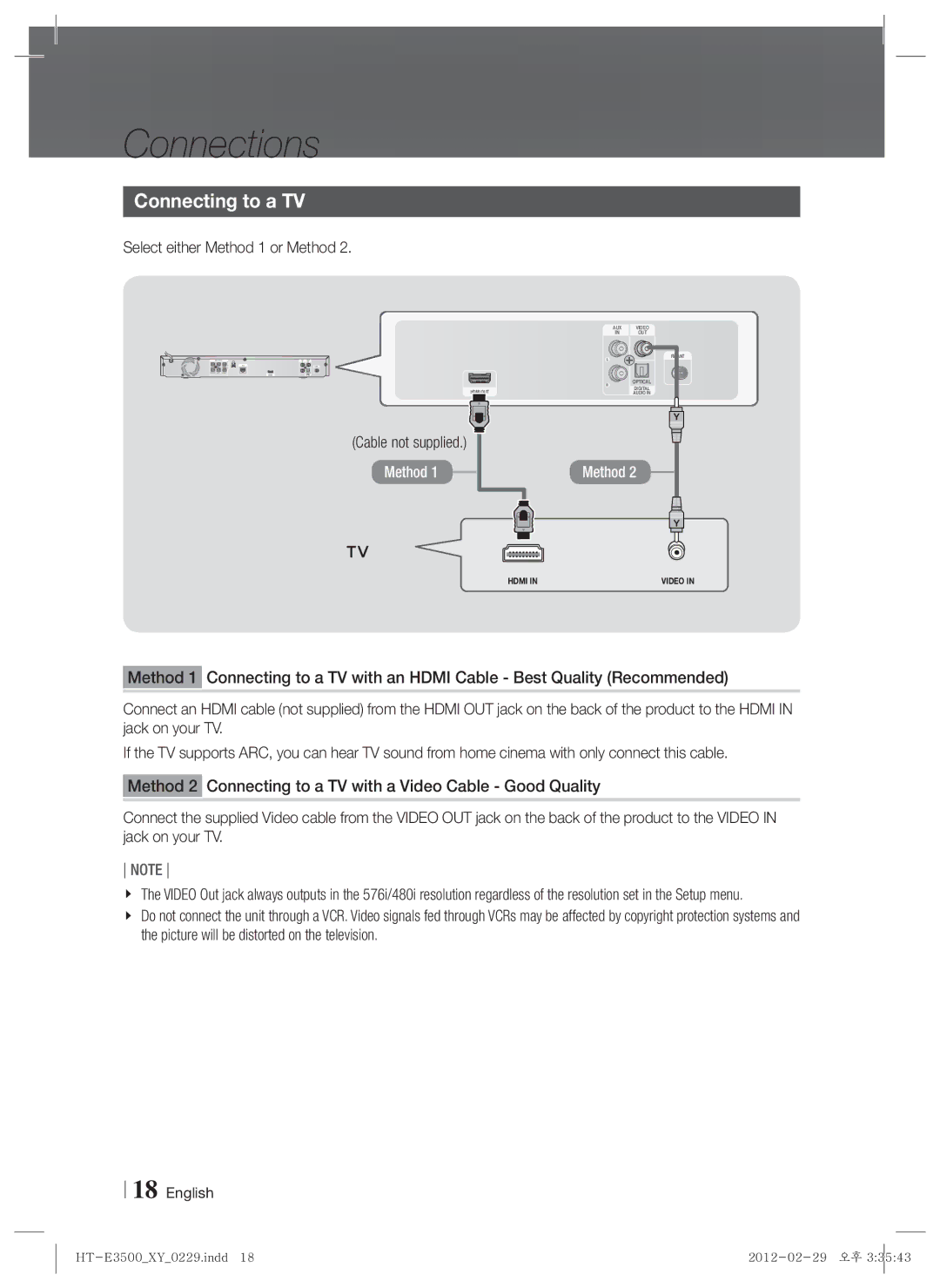 Samsung E3500, HT-E3550, HT-E3530 user manual Connecting to a TV, Select either Method 1 or Method 