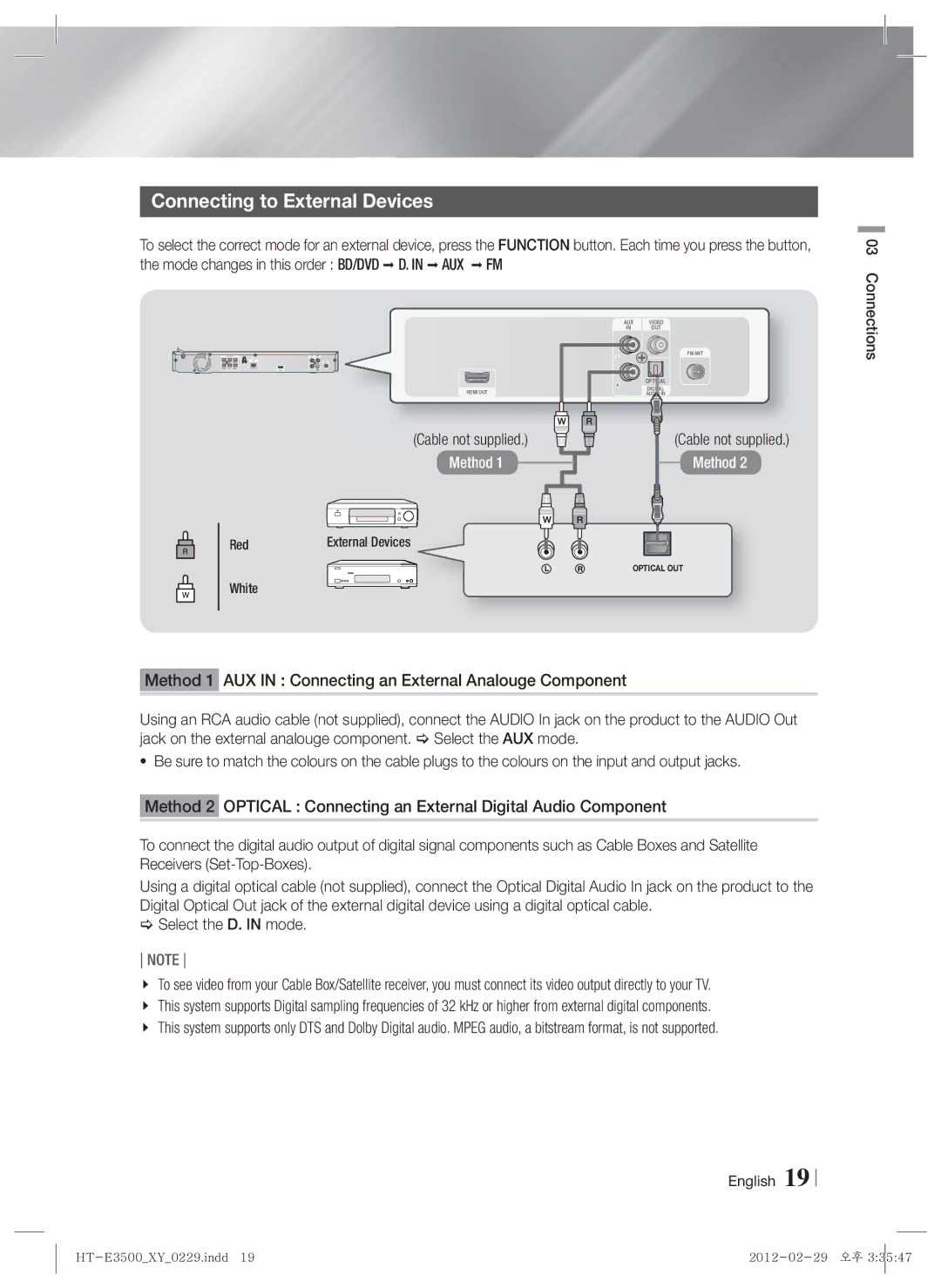 Samsung HT-E3550, E3500, HT-E3530 user manual Connecting to External Devices, Cable not supplied 