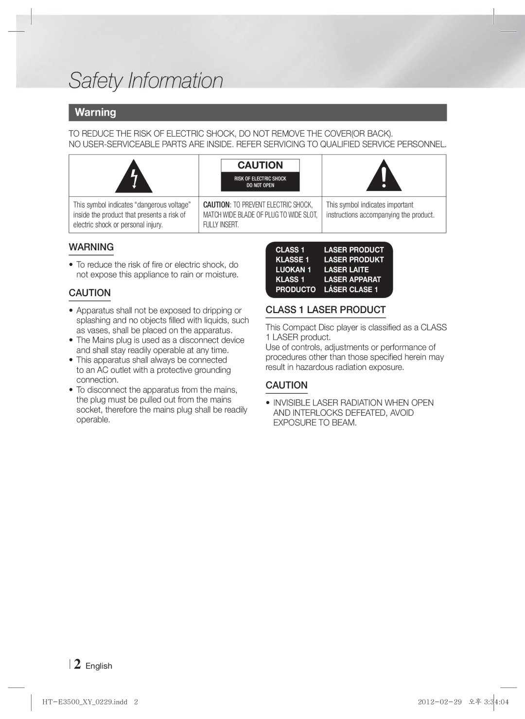 Samsung HT-E3530, E3500, HT-E3550 user manual Safety Information, This symbol indicates important 