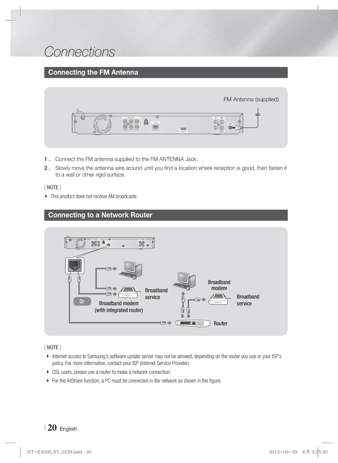 Samsung HT-E3530, E3500 Connecting the FM Antenna, Connecting to a Network Router, FM Antenna supplied, Broadband Modem 