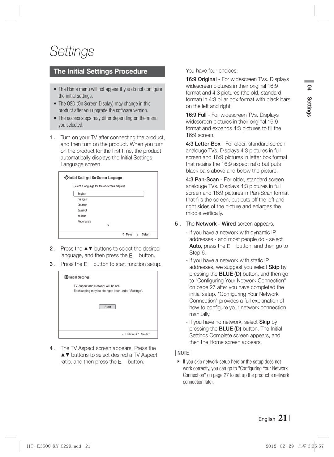 Samsung E3500, HT-E3550 Initial Settings Procedure, Access steps may differ depending on the menu you selected 