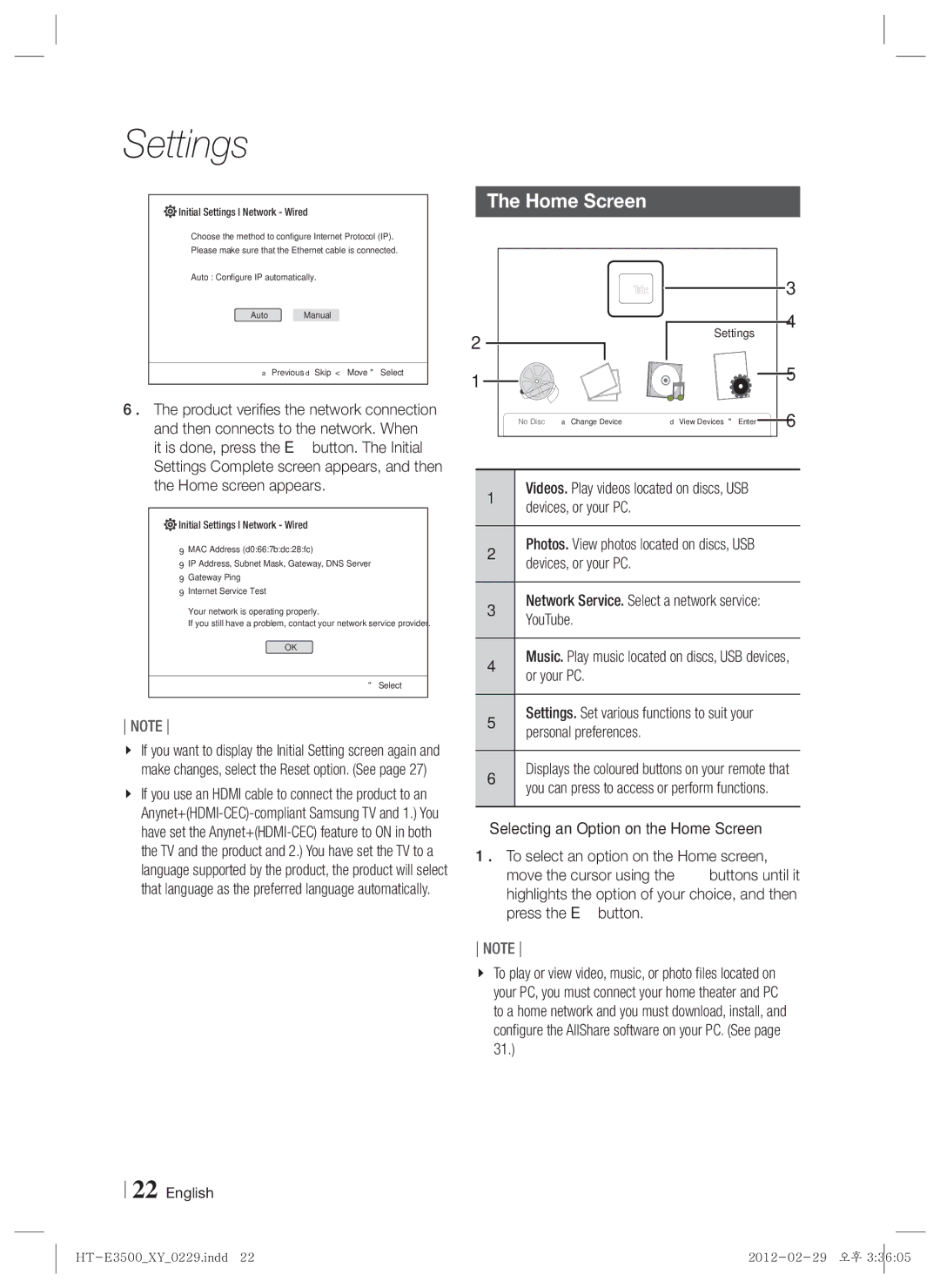 Samsung HT-E3550, E3500, HT-E3530 user manual Home Screen, Initial Settings I Network Wired 