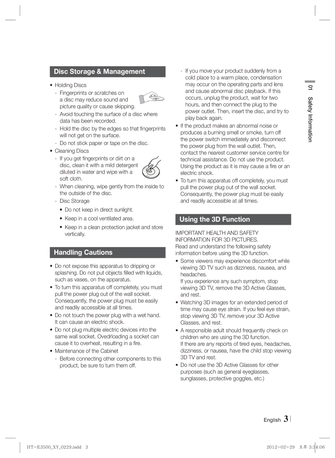 Samsung E3500, HT-E3550, HT-E3530 Disc Storage & Management, Handling Cautions, Using the 3D Function, Holding Discs 