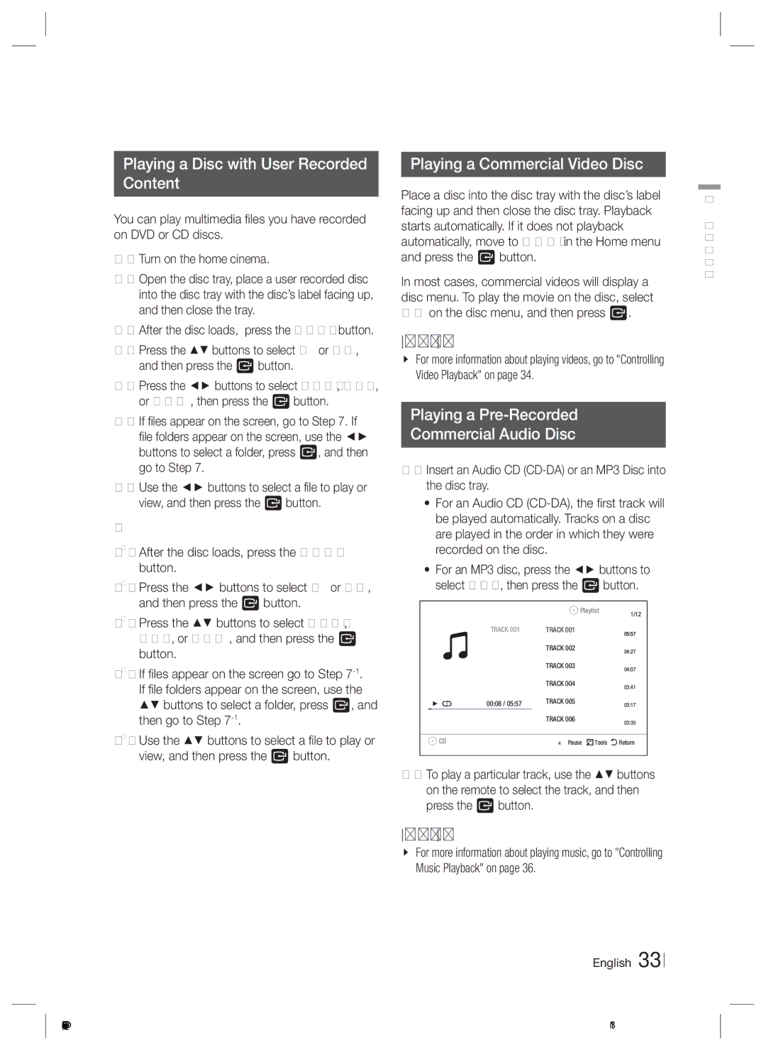 Samsung E3500, HT-E3550, HT-E3530 user manual Playing a Disc with User Recorded Content, Playing a Commercial Video Disc 