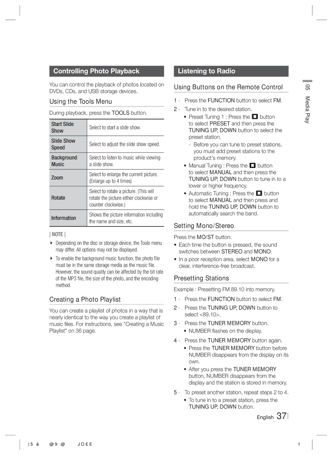 Samsung HT-E3550, E3500, HT-E3530 user manual Controlling Photo Playback, Listening to Radio 