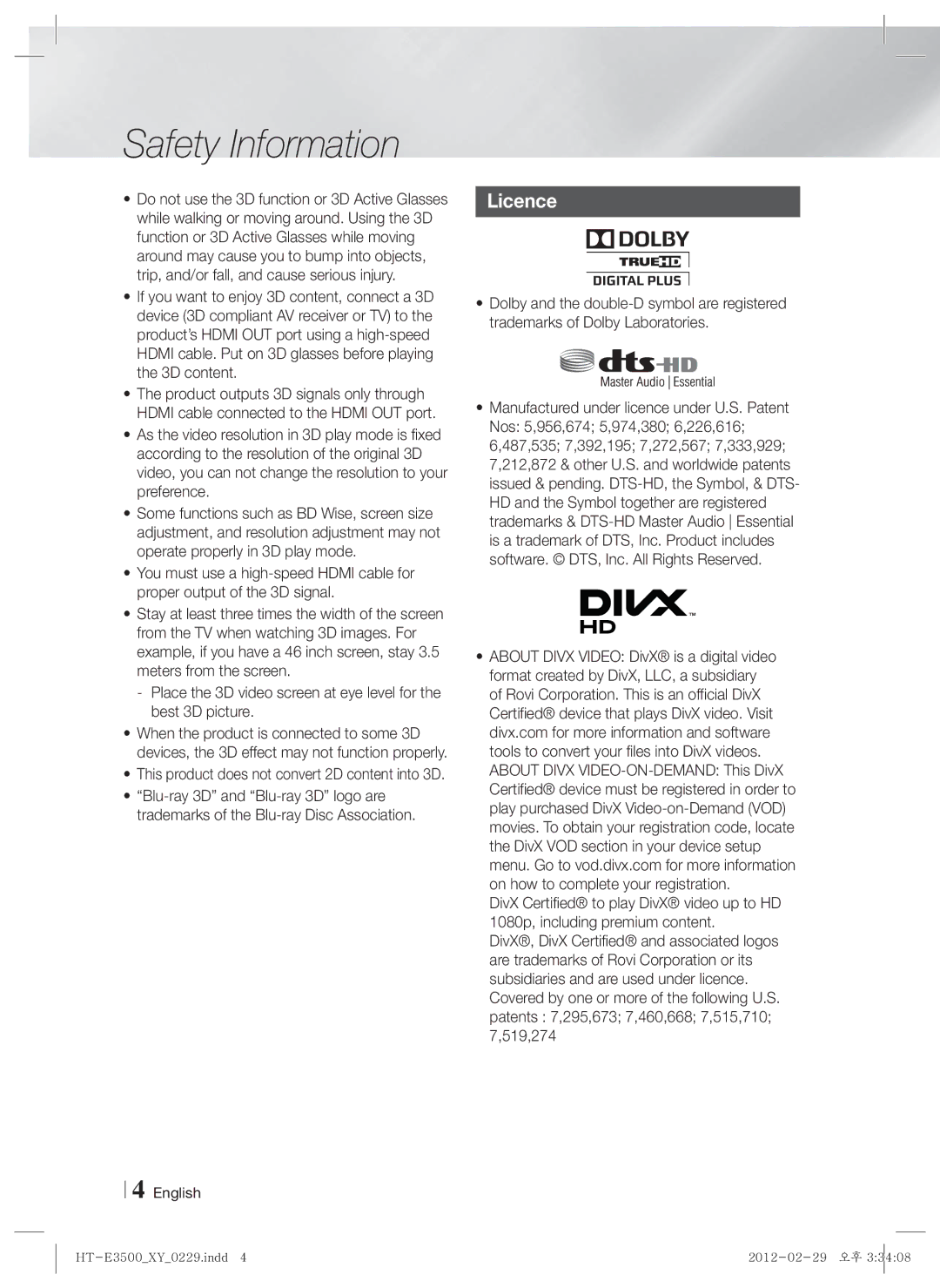 Samsung HT-E3550, E3500, HT-E3530 user manual Licence 