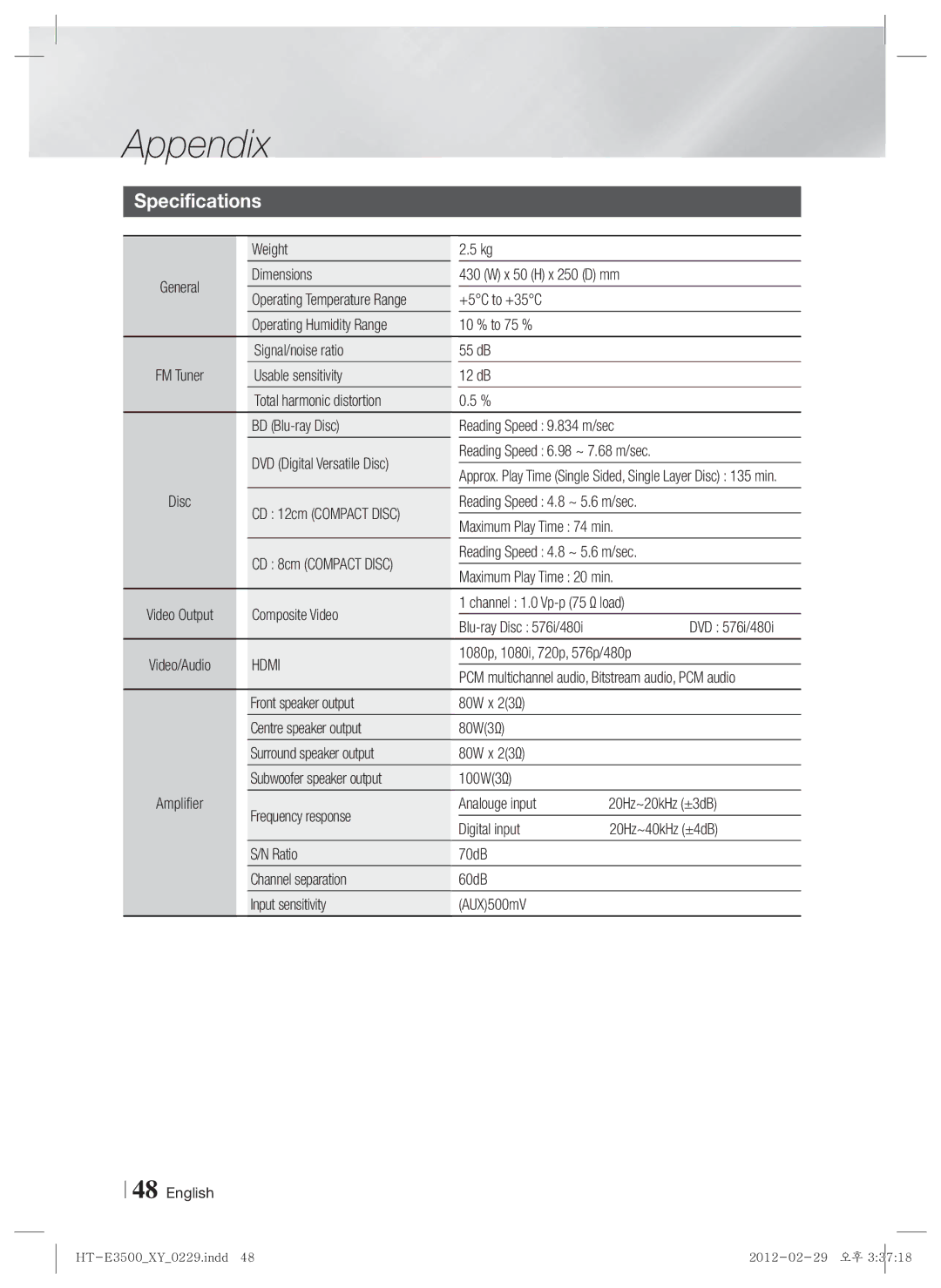 Samsung E3500, HT-E3550, HT-E3530 user manual Specifications, Hdmi 