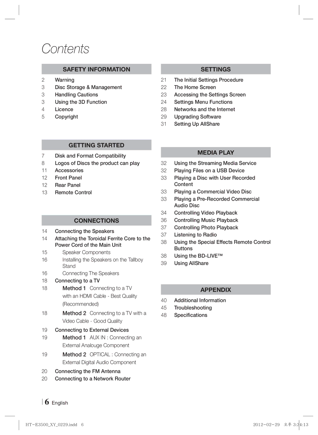 Samsung E3500, HT-E3550, HT-E3530 user manual Contents 