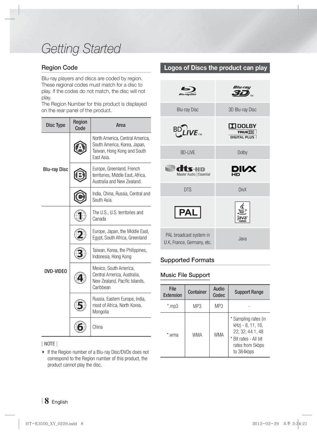 Samsung HT-E3530, E3500, HT-E3550 Region Code, Logos of Discs the product can play, Supported Formats, Music File Support 