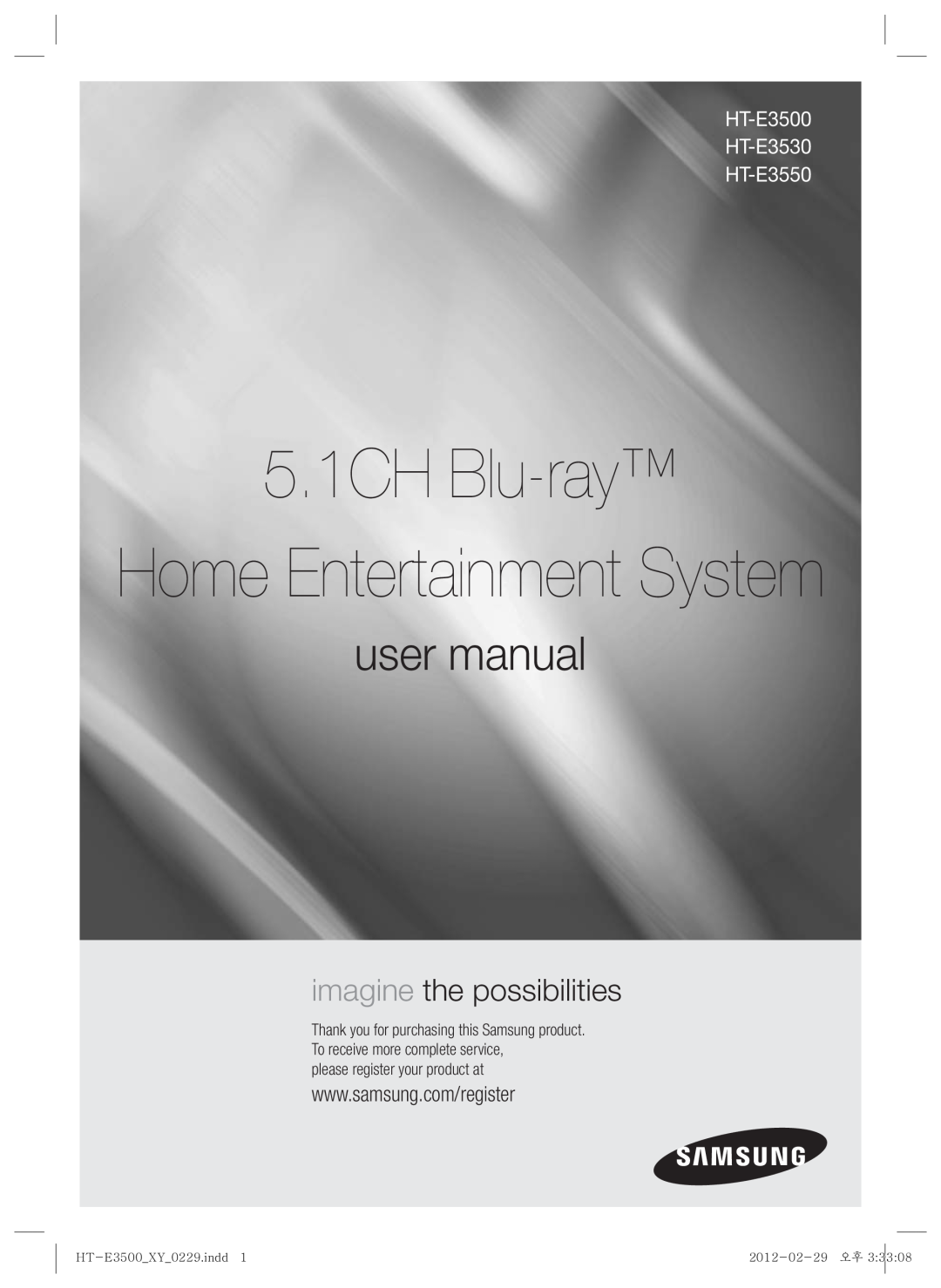 Samsung HT-E3550 user manual 5.1CH Blu-ray, Home Entertainment System, imagine the possibilities, HT-E3500 XY 0229.indd1 