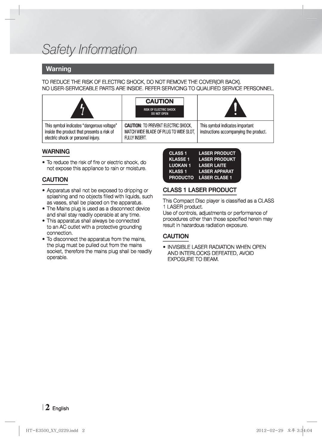 Samsung HT-E3530, E3500, HT-E3550 user manual Safety Information, CLASS 1 LASER PRODUCT 
