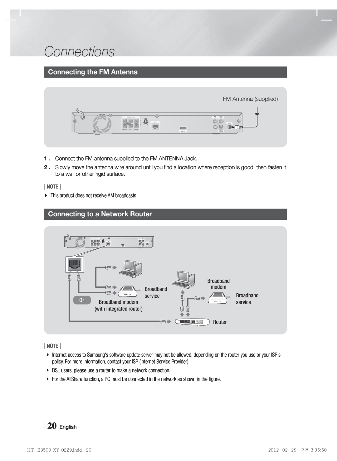 Samsung HT-E3530, E3500, HT-E3550 user manual Connecting the FM Antenna, Connecting to a Network Router, Connections 
