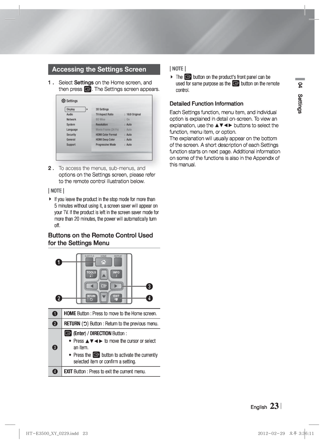Samsung HT-E3530, E3500, HT-E3550 user manual Accessing the Settings Screen, English 