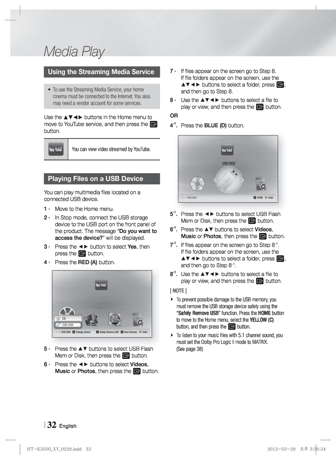 Samsung HT-E3530, E3500, HT-E3550 user manual Media Play, Using the Streaming Media Service, Playing Files on a USB Device 