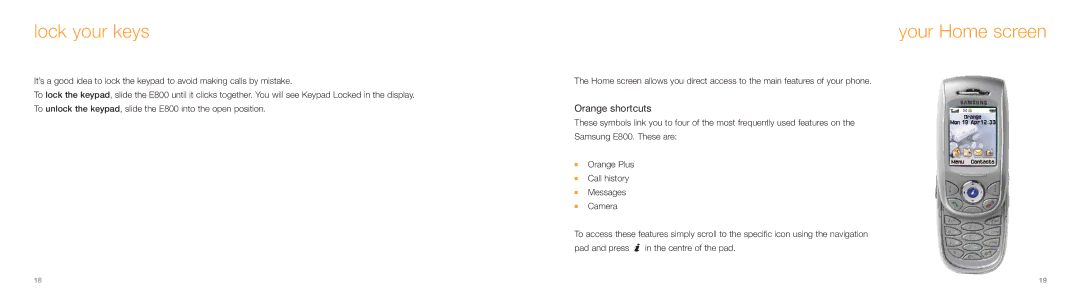 Samsung E800 manual Lock your keys, Your Home screen 