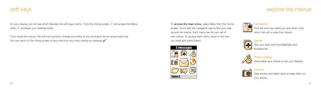 Samsung E800 manual Soft keys, Explore the menus, Test your skills with SnowBallFight and Bubblesmile 