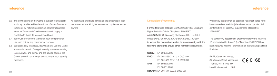 Samsung E800 manual Declaration of conformity, Network EN 301 511 v9.0.2 