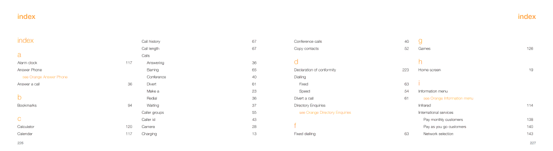 Samsung E800 manual Index, See Orange Answer Phone 