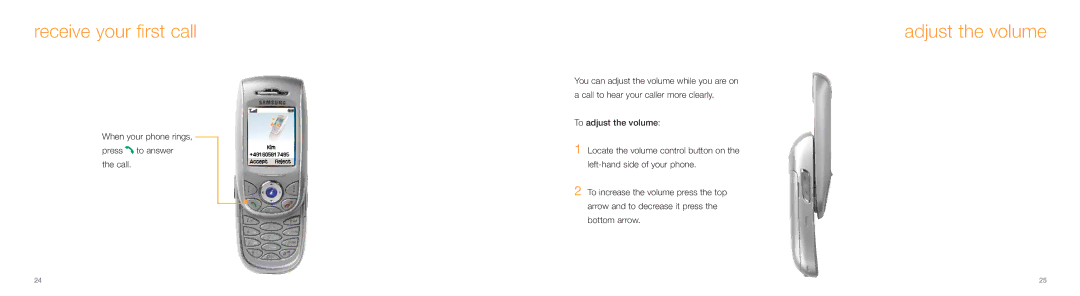 Samsung E800 manual Receive your first call, Adjust the volume, When your phone rings Press to answer Call 