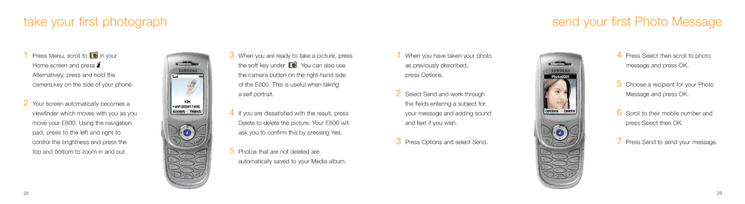 Samsung E800 manual Take your first photograph, Send your first Photo Message 