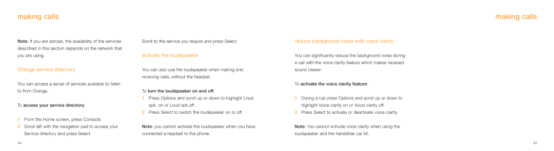 Samsung E800 manual Orange service directory, Activate the loudspeaker, Reduce background noise with voice clarity 