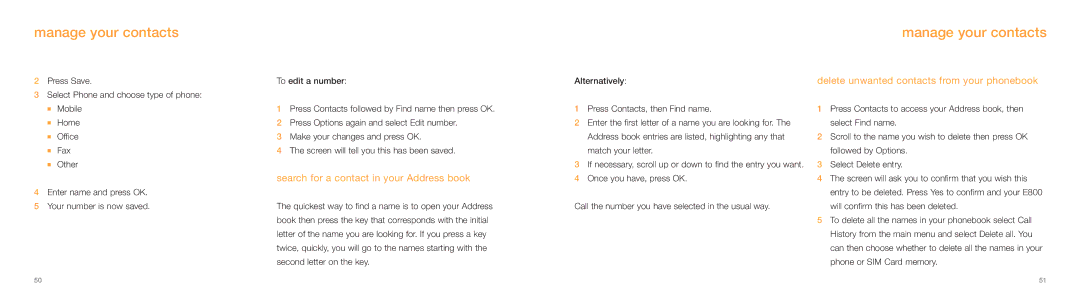 Samsung E800 manual Search for a contact in your Address book, Delete unwanted contacts from your phonebook 