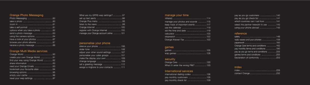 Samsung E800 Orange Photo Messaging, Orange Multi Media services, Personalise your phone, Manage your time, Games, Index 