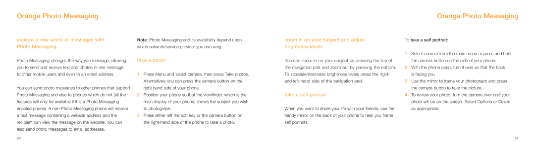 Samsung E800 manual Orange Photo Messaging, Explore a new world of messages with Photo Messaging, Take a photo 
