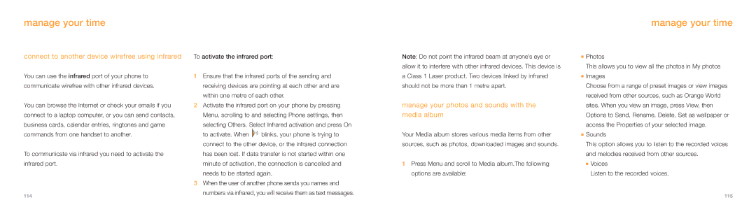 Samsung E800 manual Manage your time, Connect to another device wirefree using infrared 