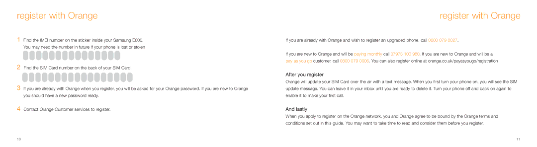 Samsung E800 manual Register with Orange, After you register 