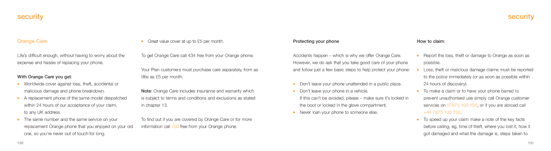 Samsung E800 manual Security, Orange Care, Protecting your phone 