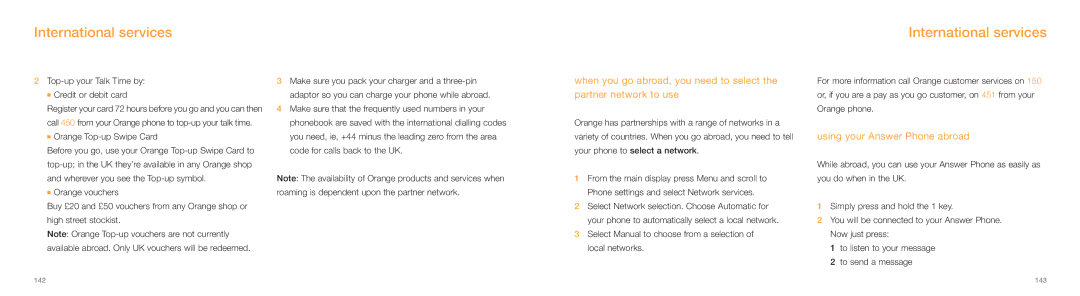 Samsung E800 manual Using your Answer Phone abroad, Top-up your Talk Time by Credit or debit card, Orange Top-up Swipe Card 