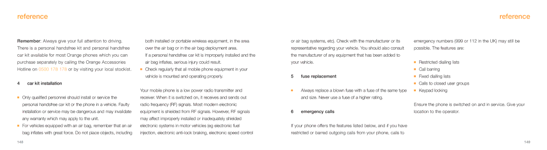 Samsung E800 manual Reference, Car kit installation, Emergency calls 