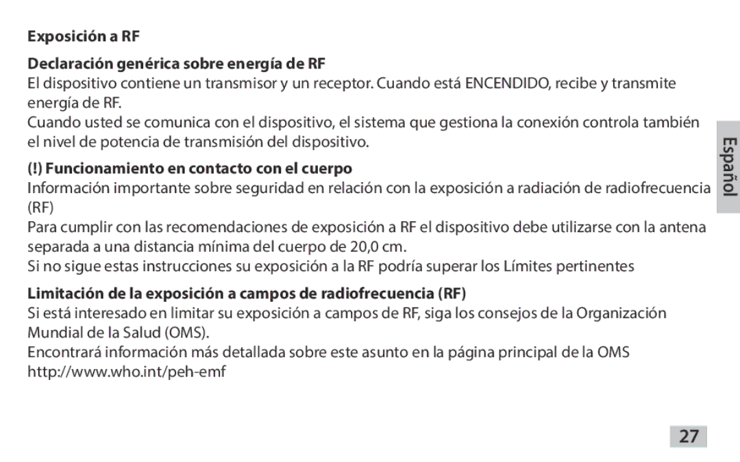 Samsung EAD-T10EDEGSTD Exposición a RF Declaración genérica sobre energía de RF, Funcionamiento en contacto con el cuerpo 