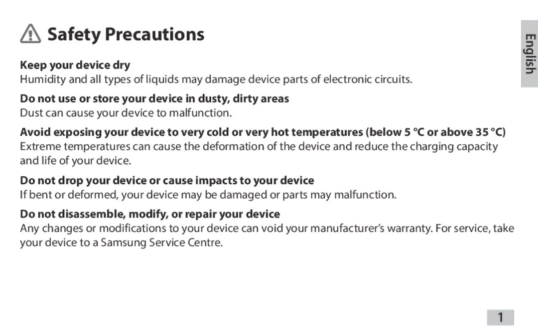 Samsung EAD-T10EDEGSTD, EAD-T10EDEGSER manual Keep your device dry, Do not use or store your device in dusty, dirty areas 