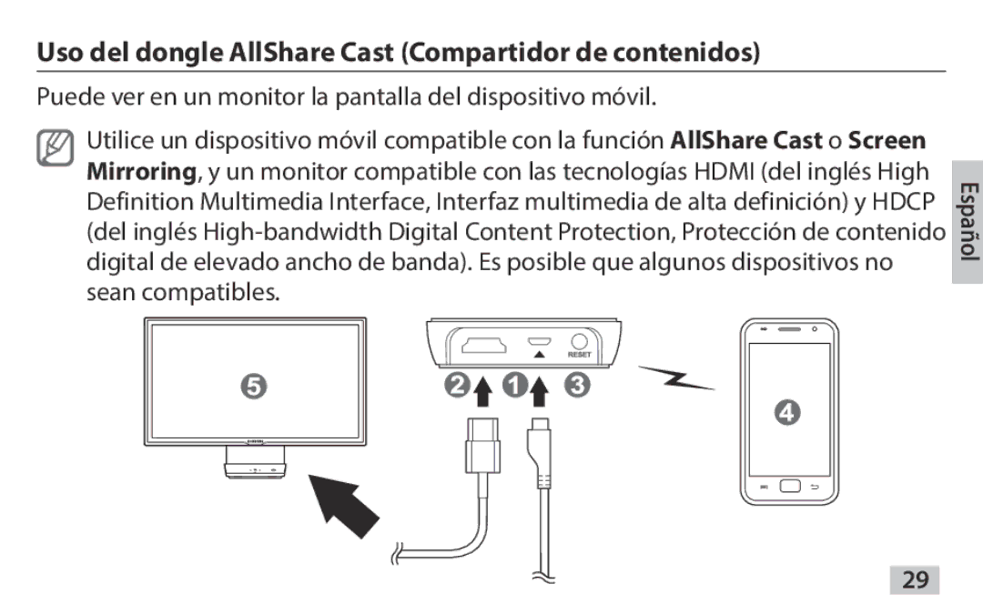 Samsung EAD-T10EDEGSTD, EAD-T10EDEGSER manual Uso del dongle AllShare Cast Compartidor de contenidos 