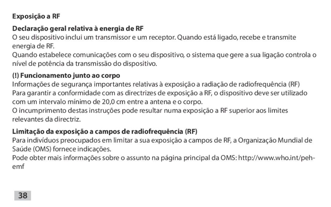 Samsung EAD-T10EDEGSER manual Exposição a RF Declaração geral relativa à energia de RF, Funcionamento junto ao corpo 