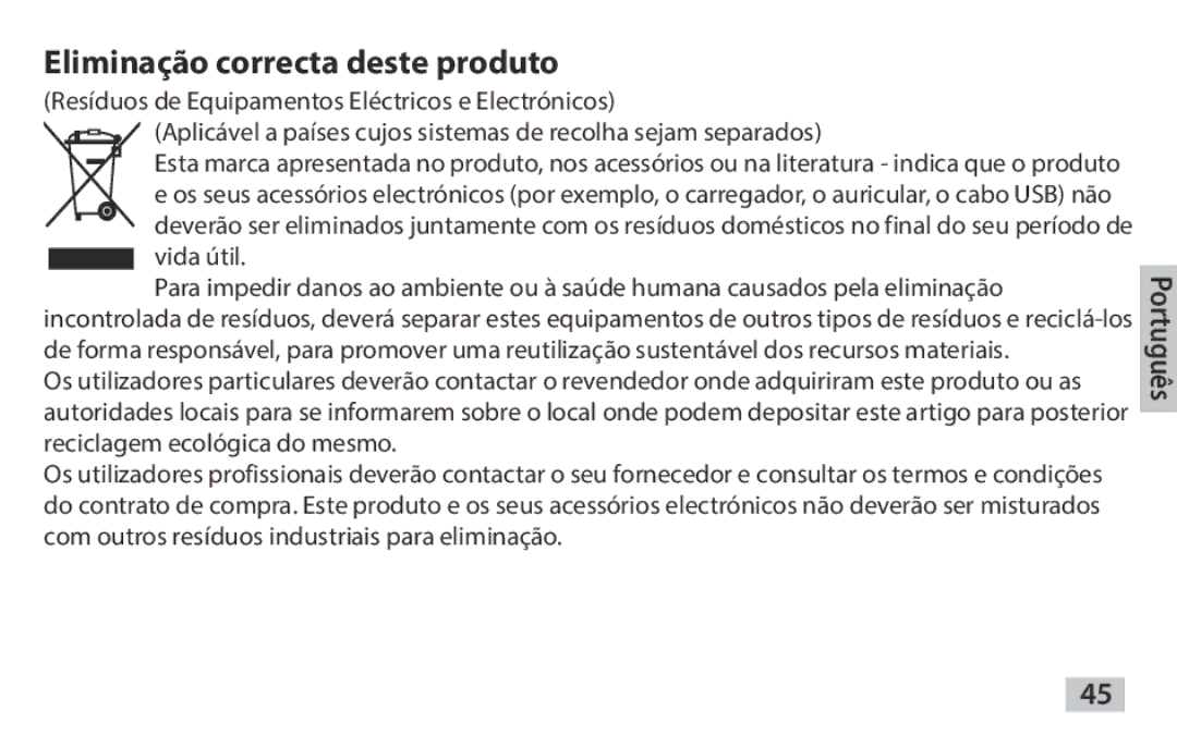 Samsung EAD-T10EDEGSTD, EAD-T10EDEGSER manual Eliminação correcta deste produto 