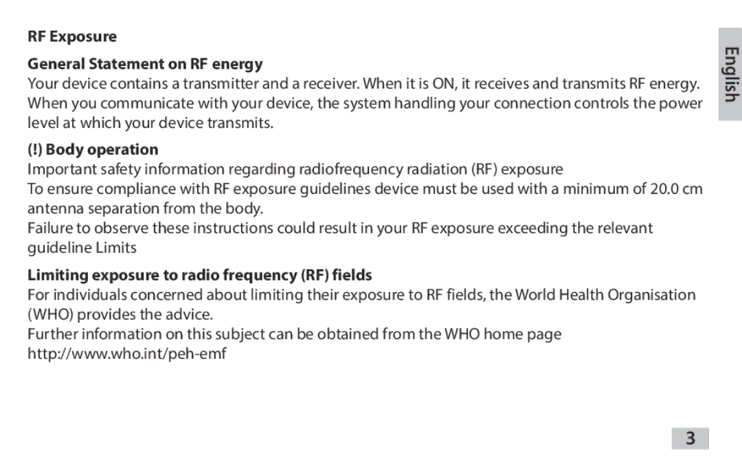 Samsung EAD-T10EDEGSTD, EAD-T10EDEGSER manual RF Exposure General Statement on RF energy, Body operation 