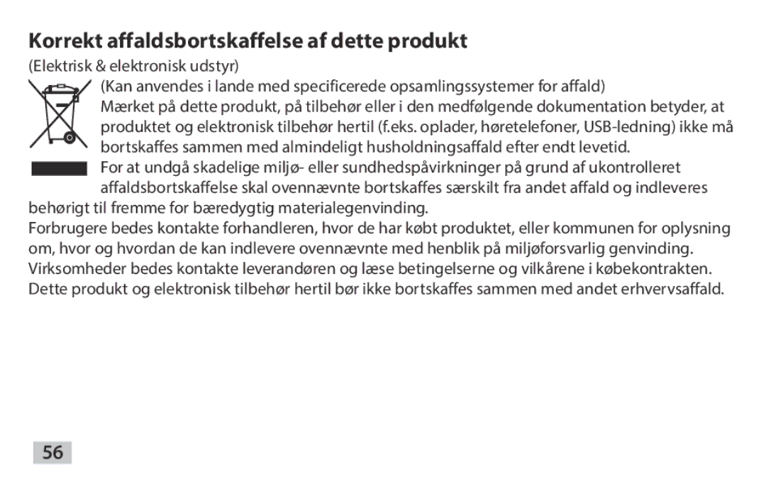 Samsung EAD-T10EDEGSER, EAD-T10EDEGSTD manual Korrekt affaldsbortskaffelse af dette produkt 