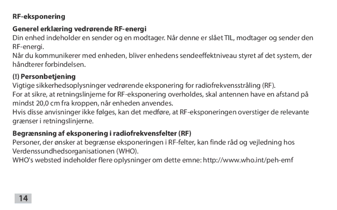 Samsung EAD-T10EDEGSER, EAD-T10EDEGSTD manual RF-eksponering Generel erklæring vedrørende RF-energi, Personbetjening 