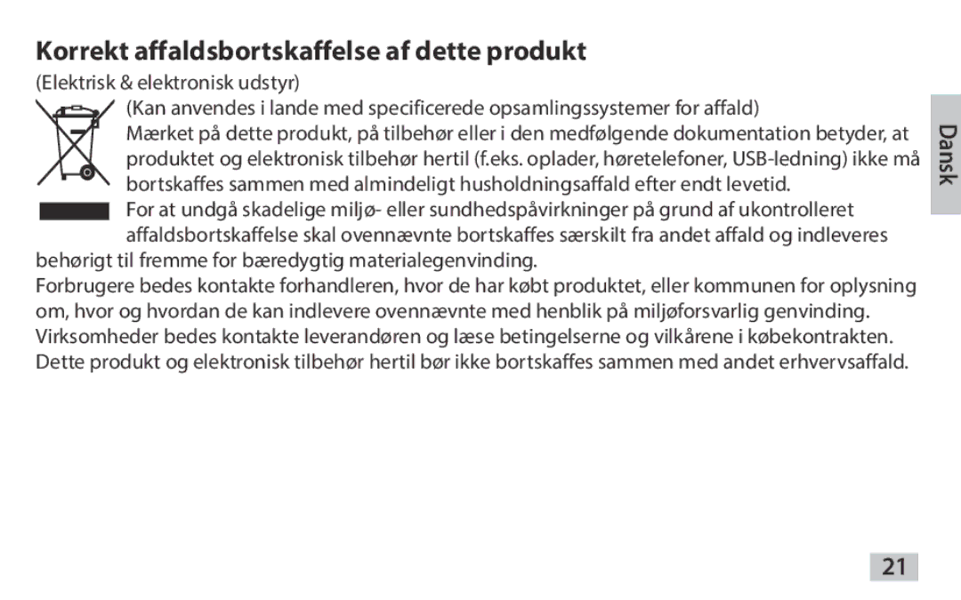 Samsung EAD-T10EDEGSTD, EAD-T10EDEGSER manual Korrekt affaldsbortskaffelse af dette produkt 