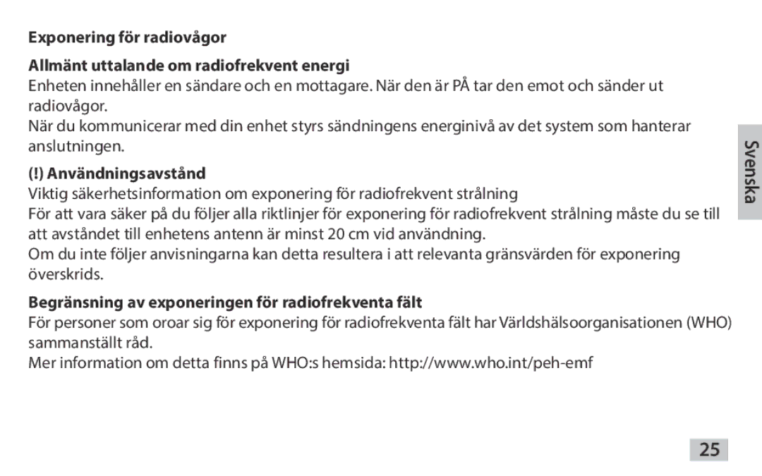 Samsung EAD-T10EDEGSTD, EAD-T10EDEGSER manual Användningsavstånd, Begränsning av exponeringen för radiofrekventa fält 