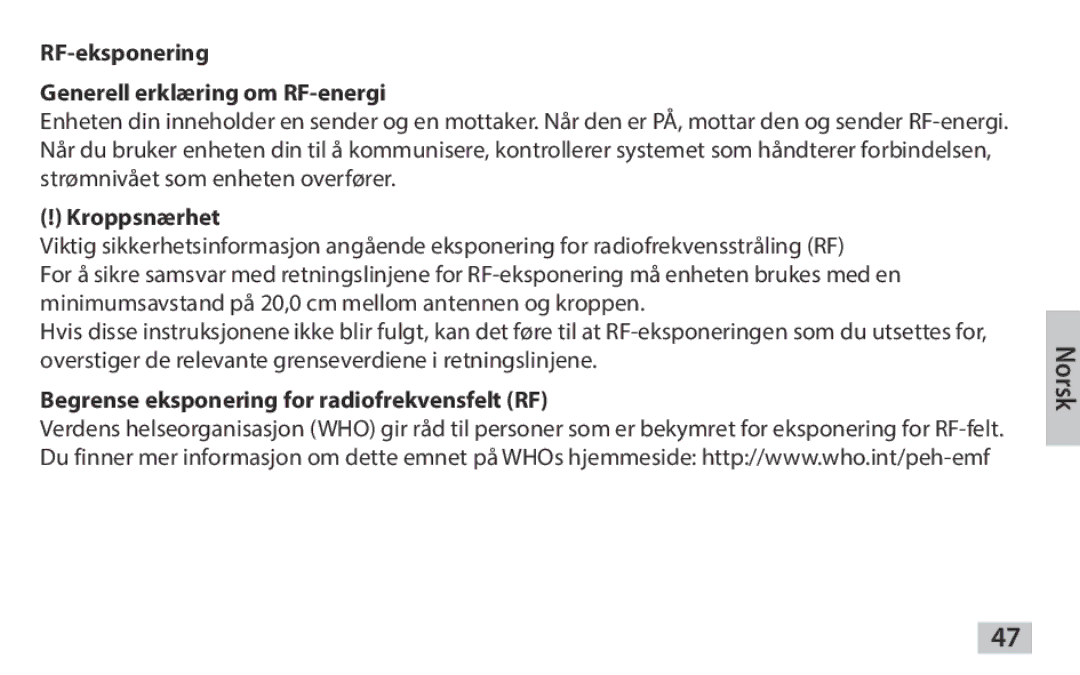 Samsung EAD-T10EDEGSTD, EAD-T10EDEGSER manual RF-eksponering Generell erklæring om RF-energi, Kroppsnærhet 